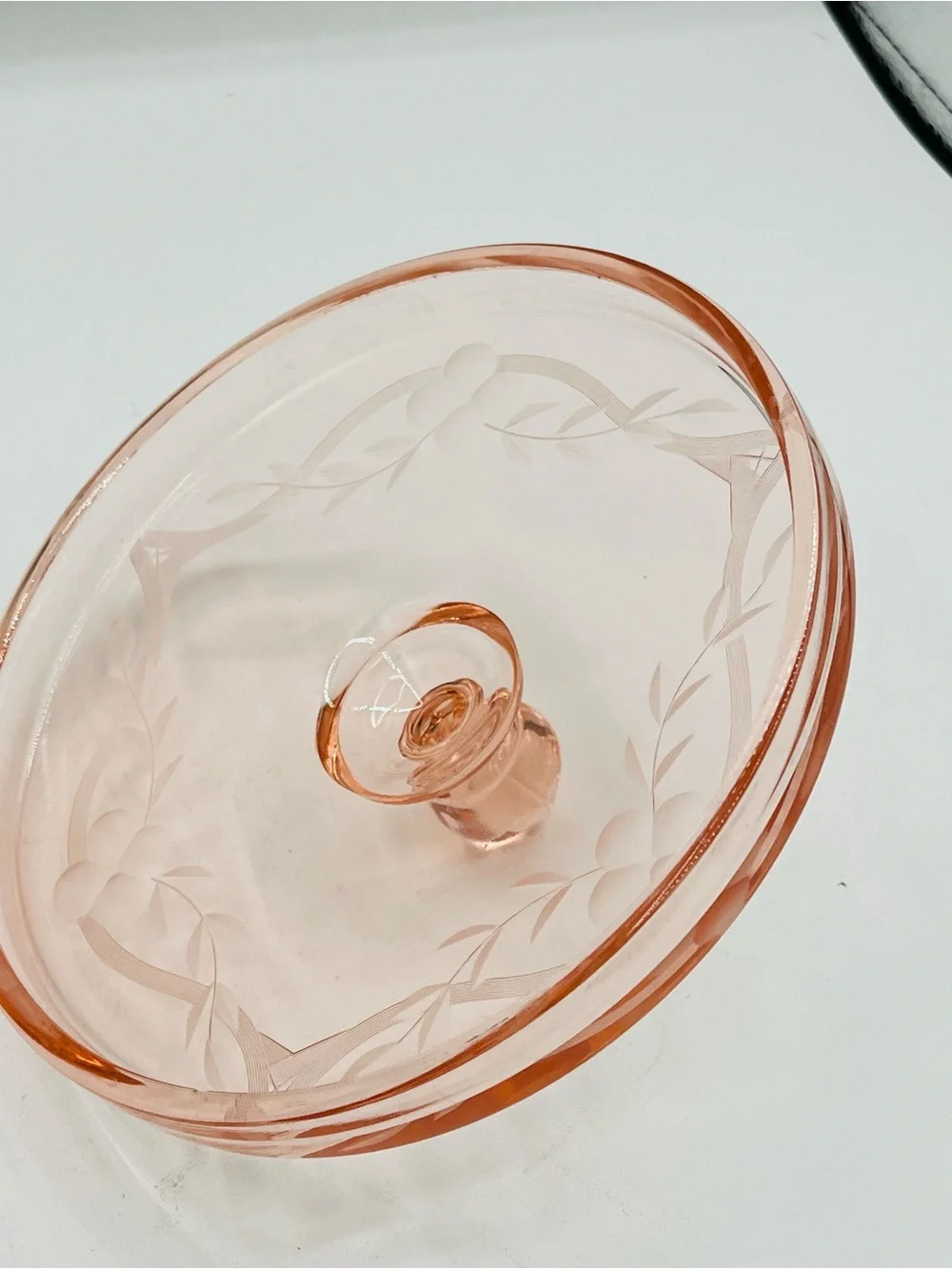 Peach Pink Pressed Glass Covered Trinket Dish